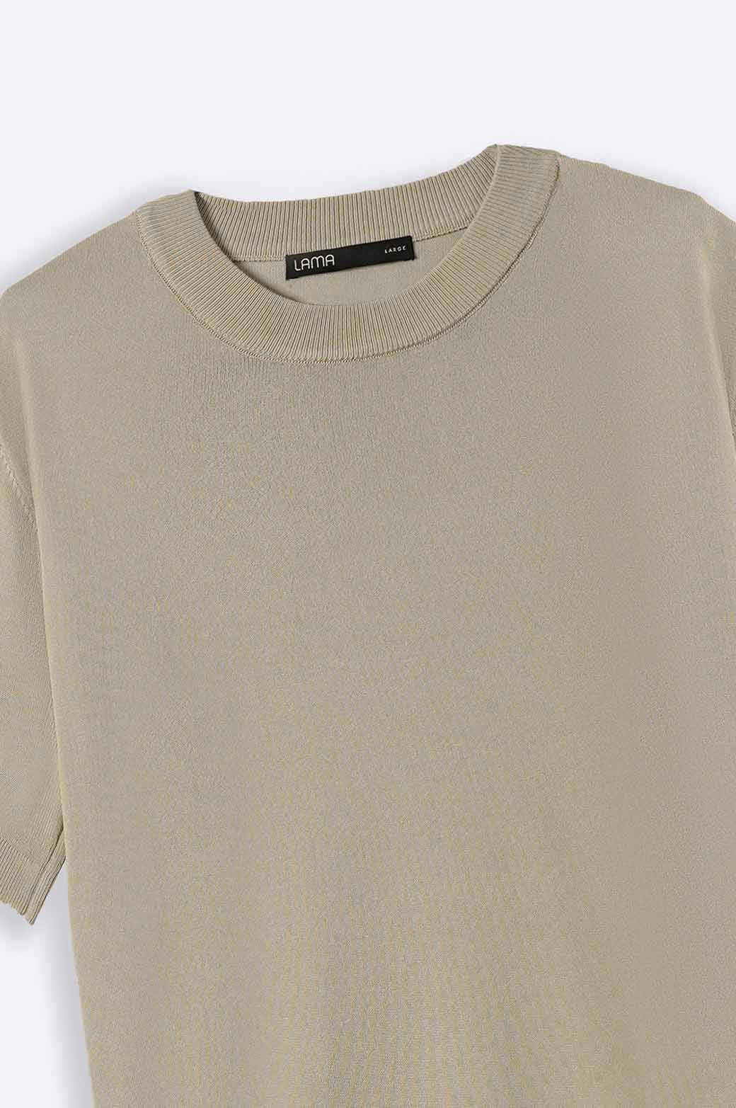 Beige Relaxed Fit Soft Knit Top with Ribbed Trims