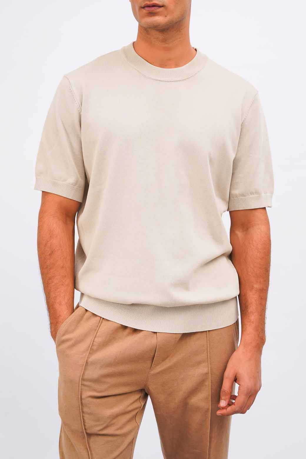 Beige Relaxed Fit Soft Knit Top with Ribbed Trims