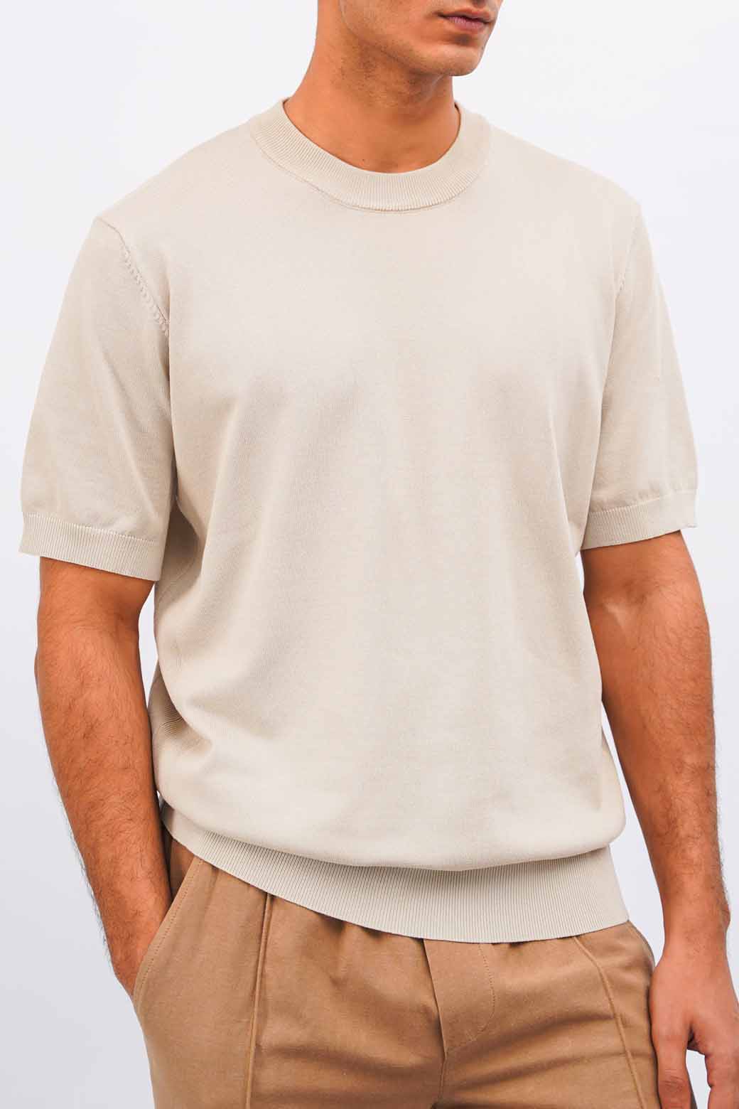 Beige Relaxed Fit Soft Knit Top with Ribbed Trims