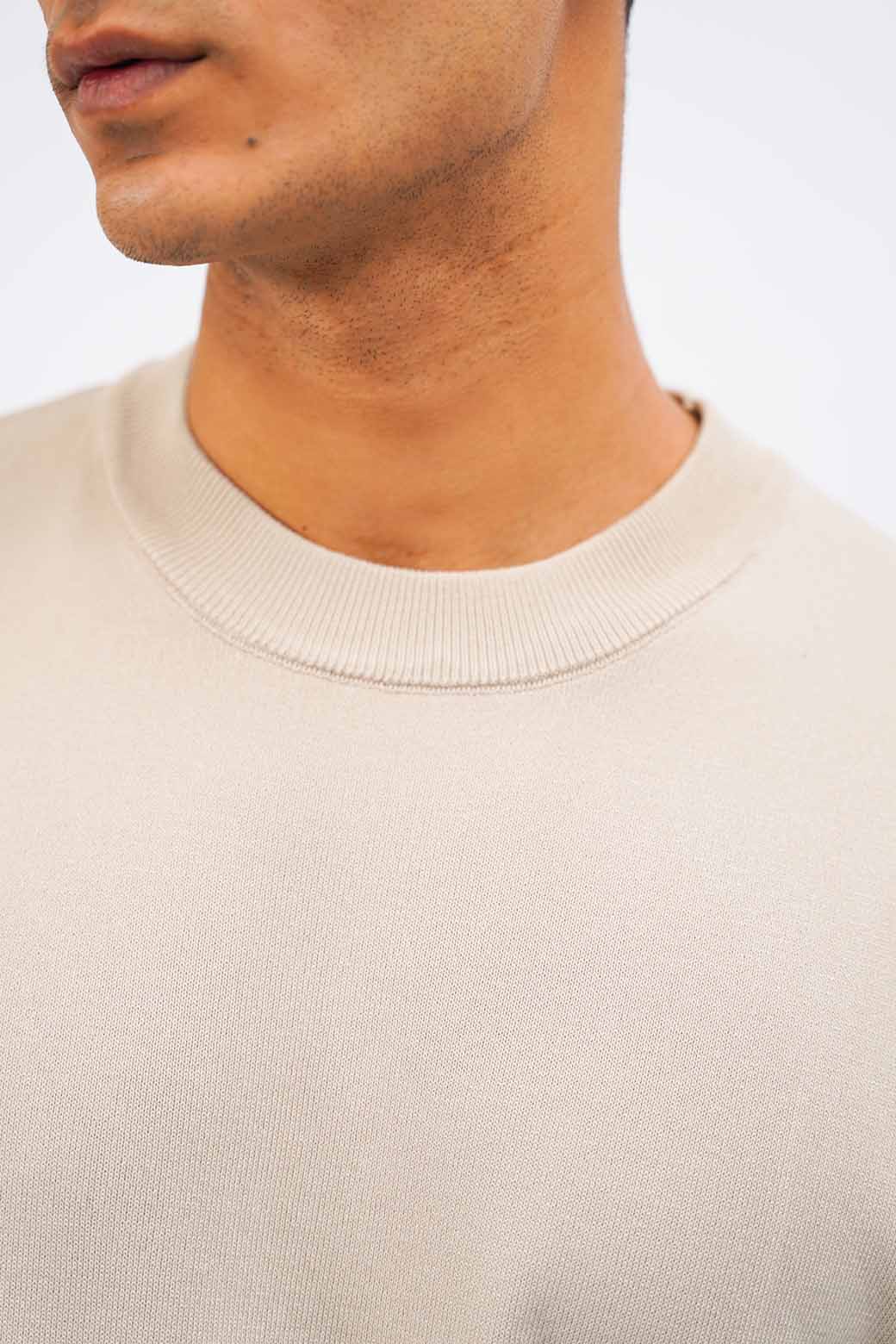 Beige Relaxed Fit Soft Knit Top with Ribbed Trims