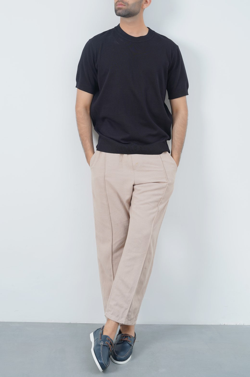 Black Relaxed Fit Soft Knit Top with Ribbed Trims