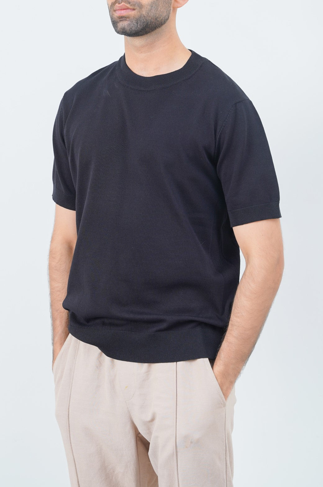 Black Relaxed Fit Soft Knit Top with Ribbed Trims