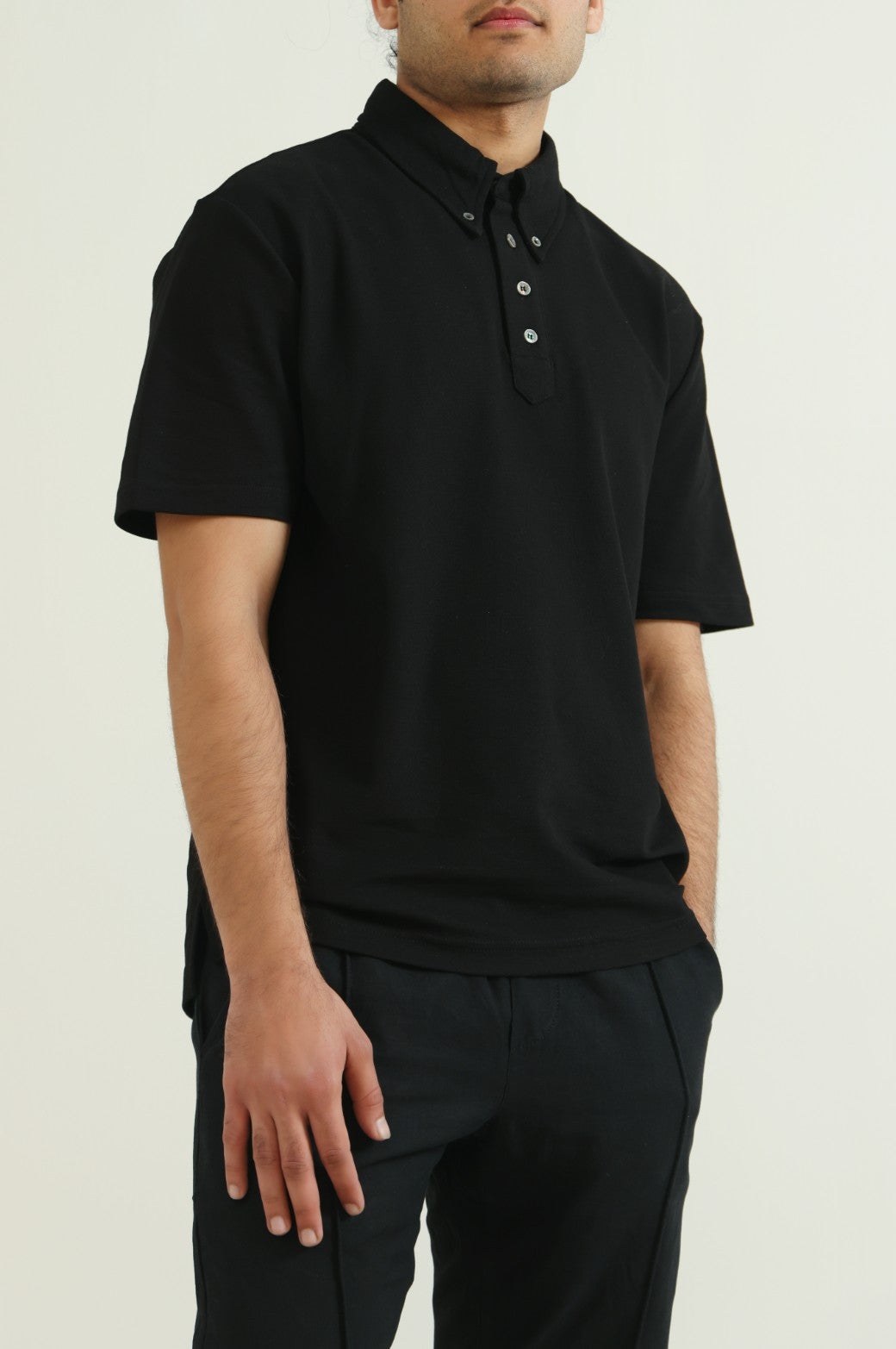 Black Relaxed Fit Collared Knit Polo Shirt - Soft Hand Feel