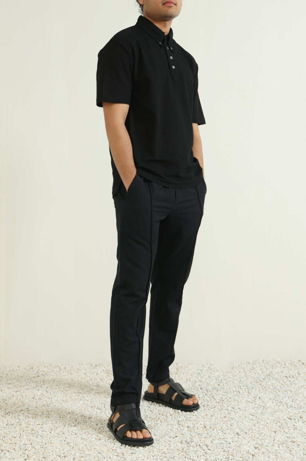 Black Relaxed Fit Collared Knit Polo Shirt - Soft Hand Feel