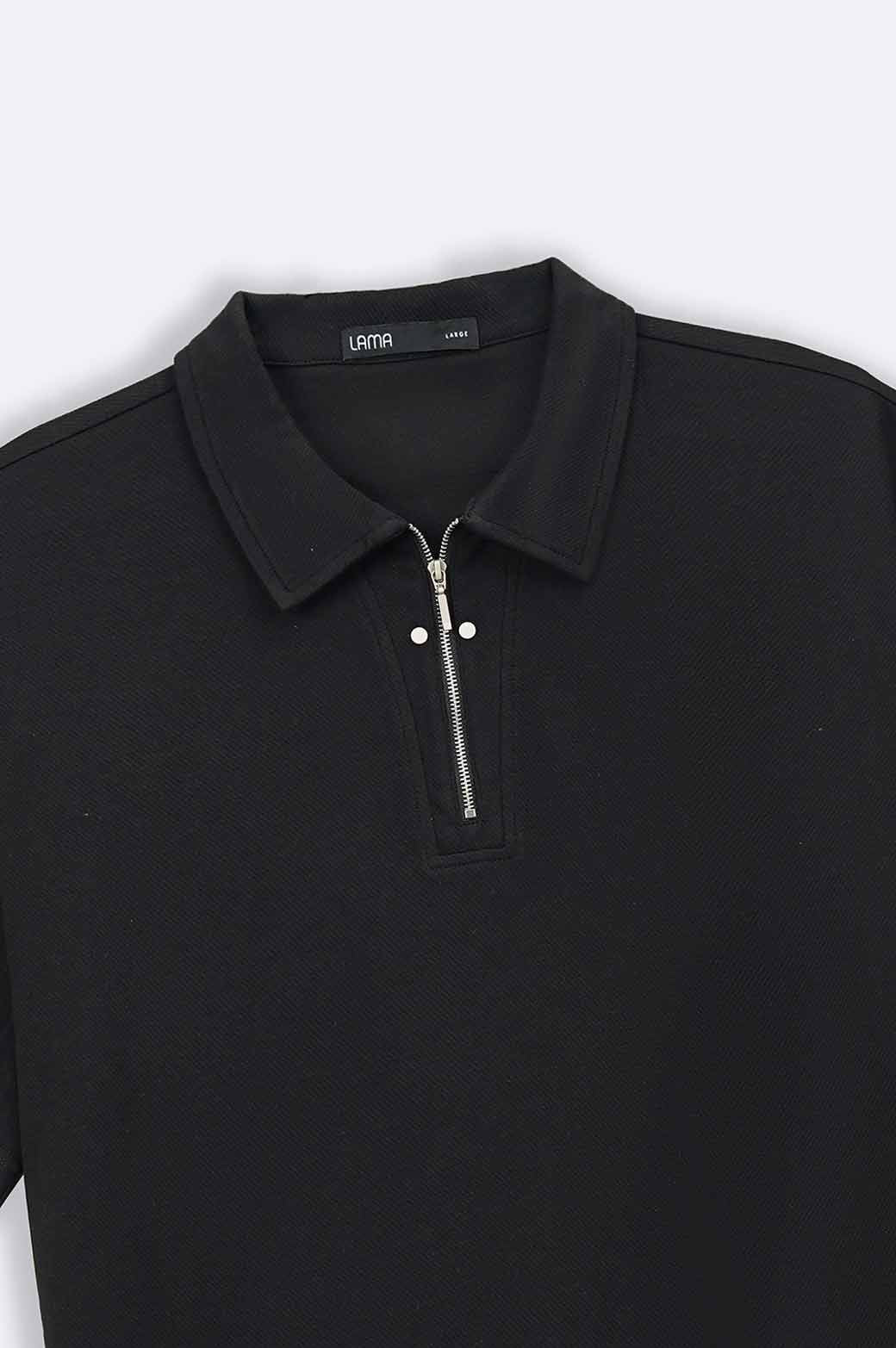 Black Relaxed Fit Soft Collared Knit Polo Shirt with Zip