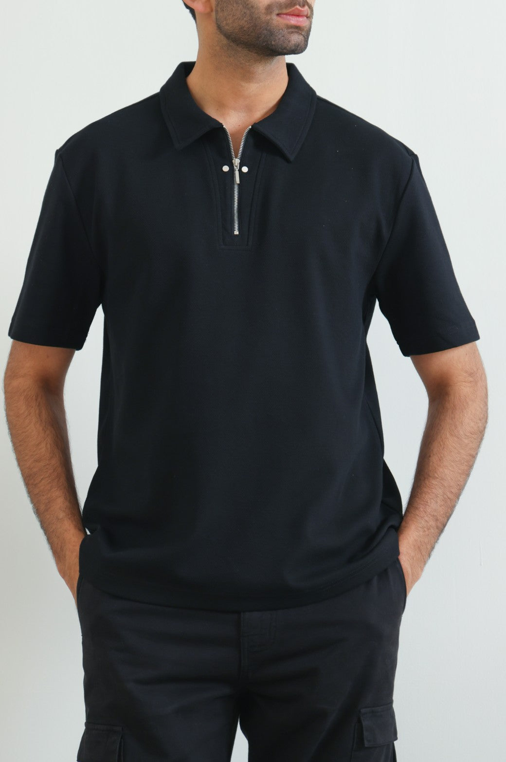 Black Relaxed Fit Soft Collared Knit Polo Shirt with Zip