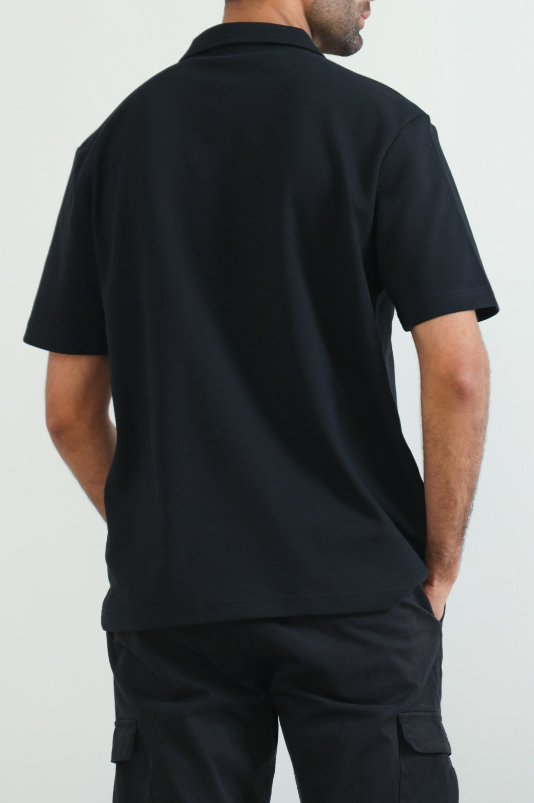 Black Relaxed Fit Soft Collared Knit Polo Shirt with Zip