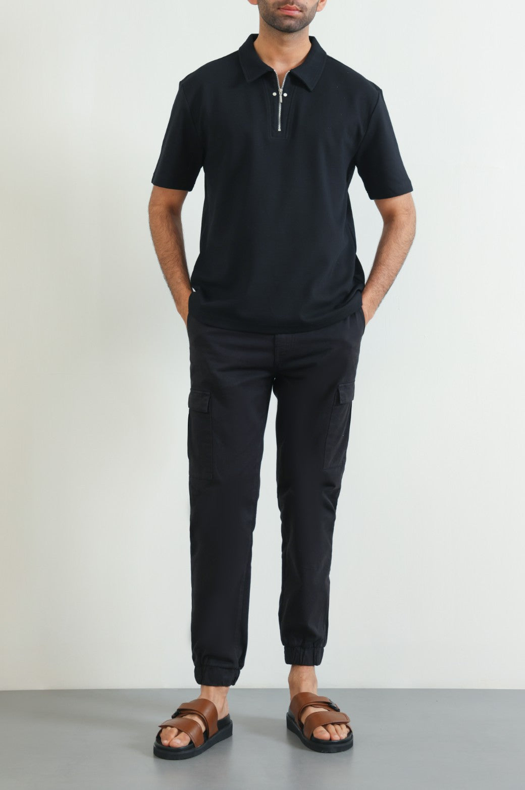 Black Relaxed Fit Soft Collared Knit Polo Shirt with Zip