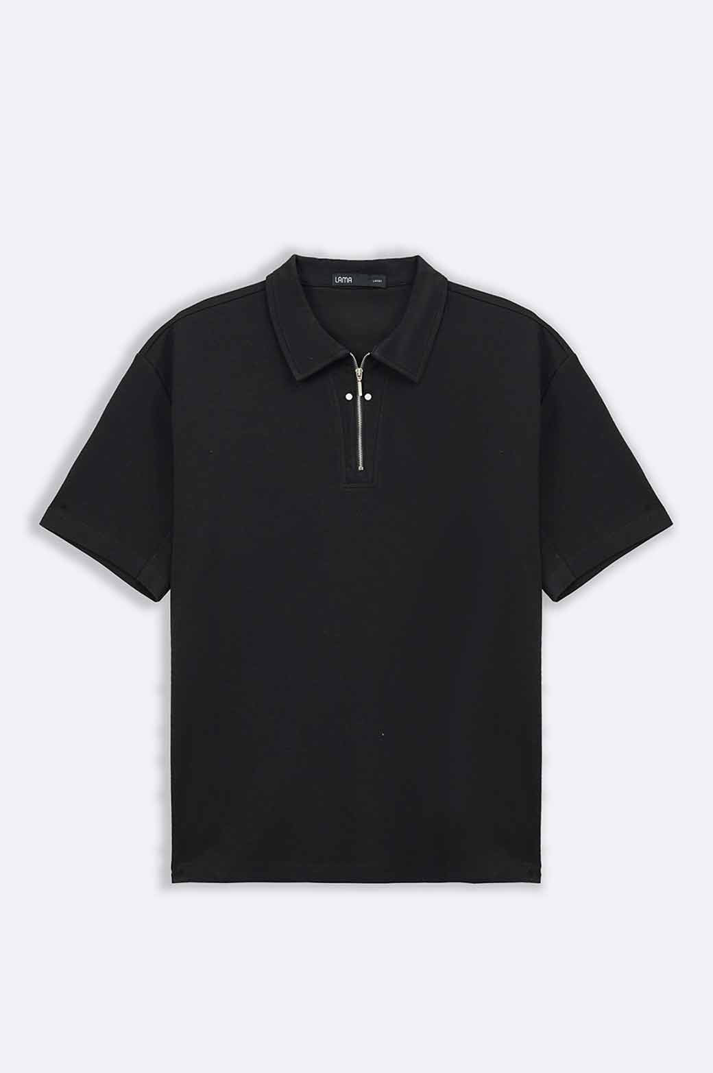 Black Relaxed Fit Soft Collared Knit Polo Shirt with Zip
