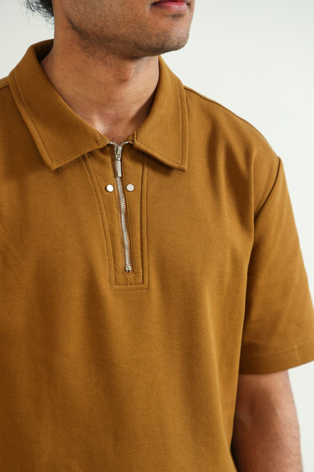 Mustard Soft Relaxed Fit Collared Knit Polo Shirt with Zip