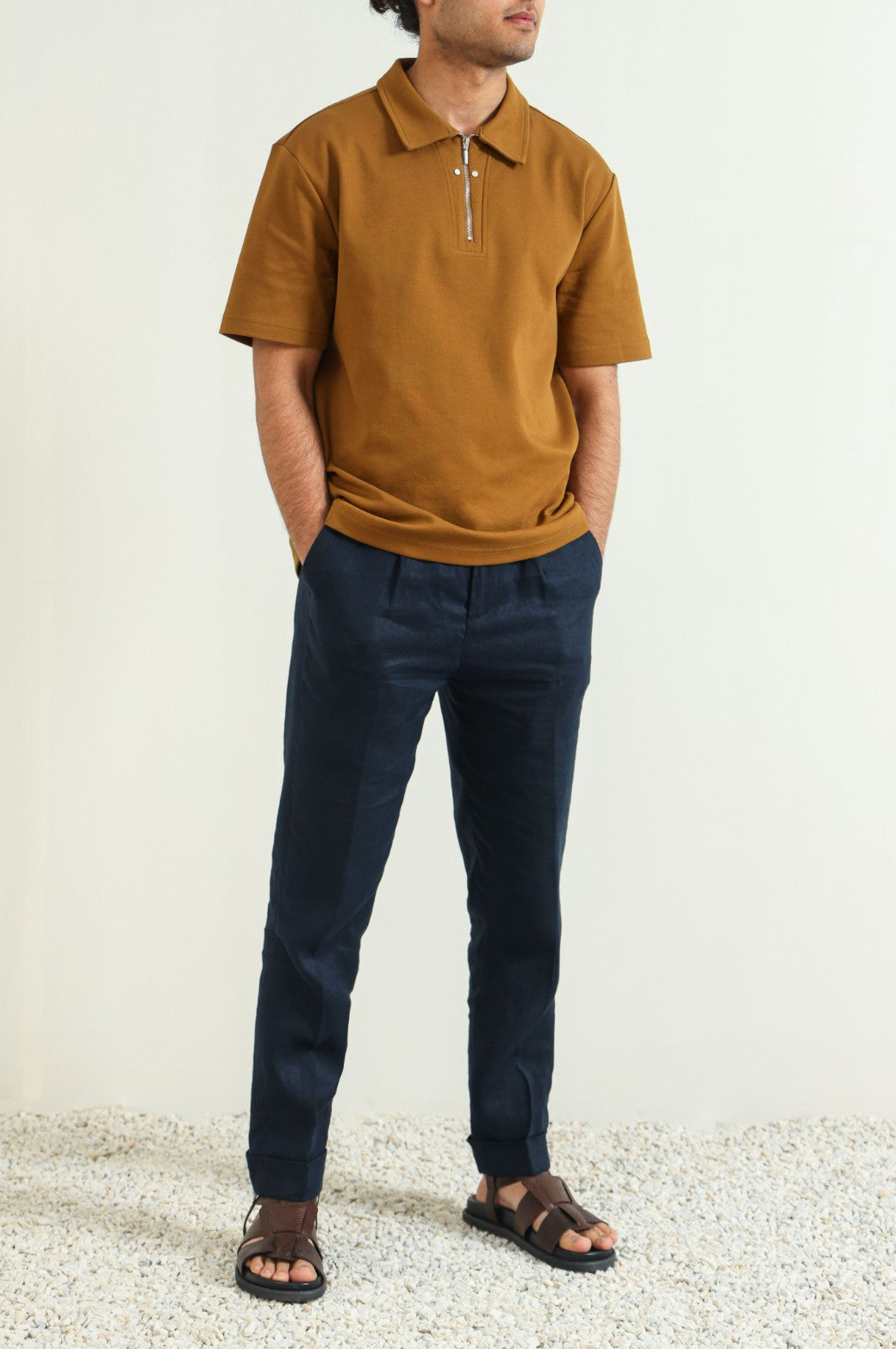 Mustard Soft Relaxed Fit Collared Knit Polo Shirt with Zip