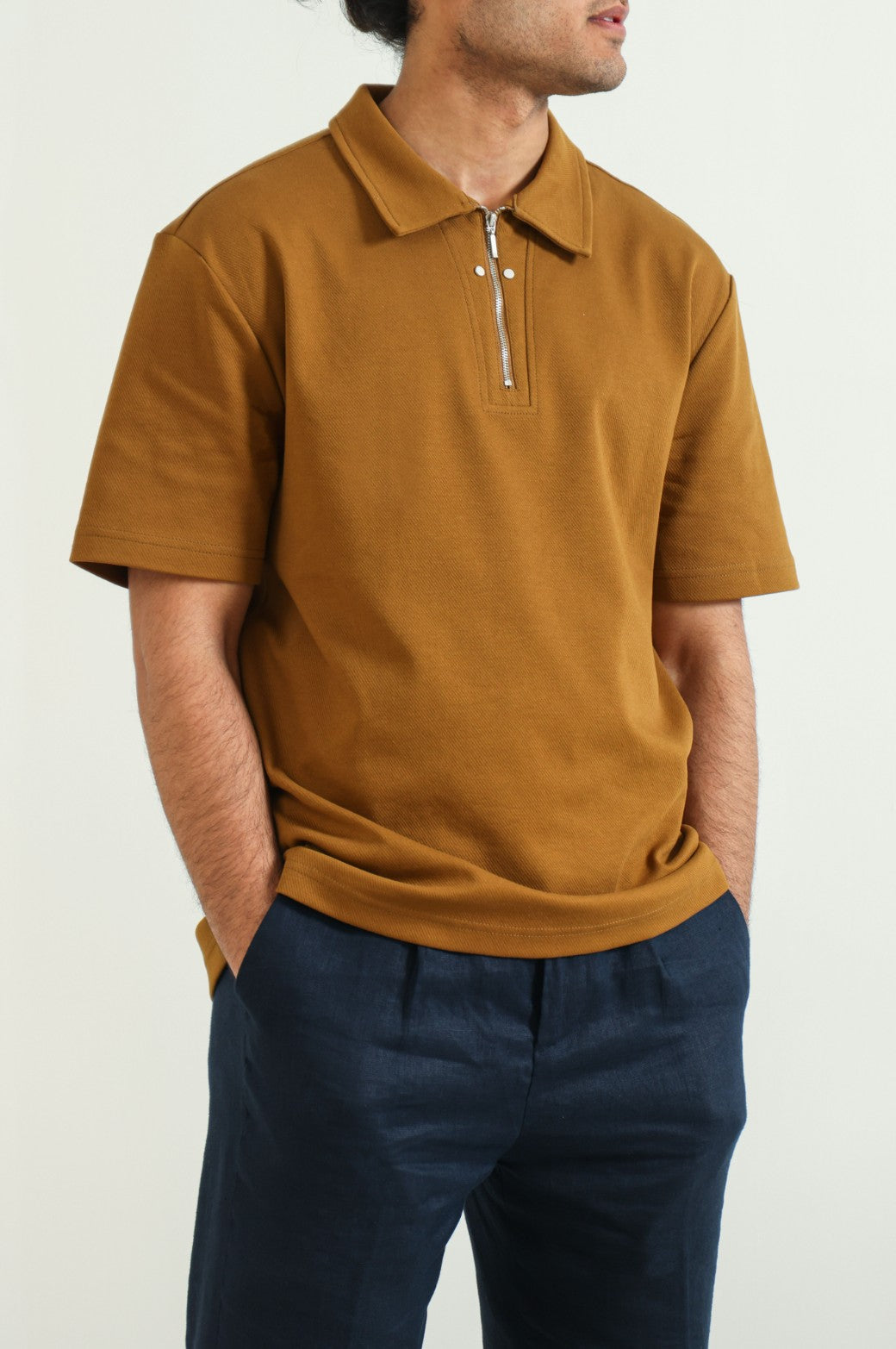 Mustard Soft Relaxed Fit Collared Knit Polo Shirt with Zip