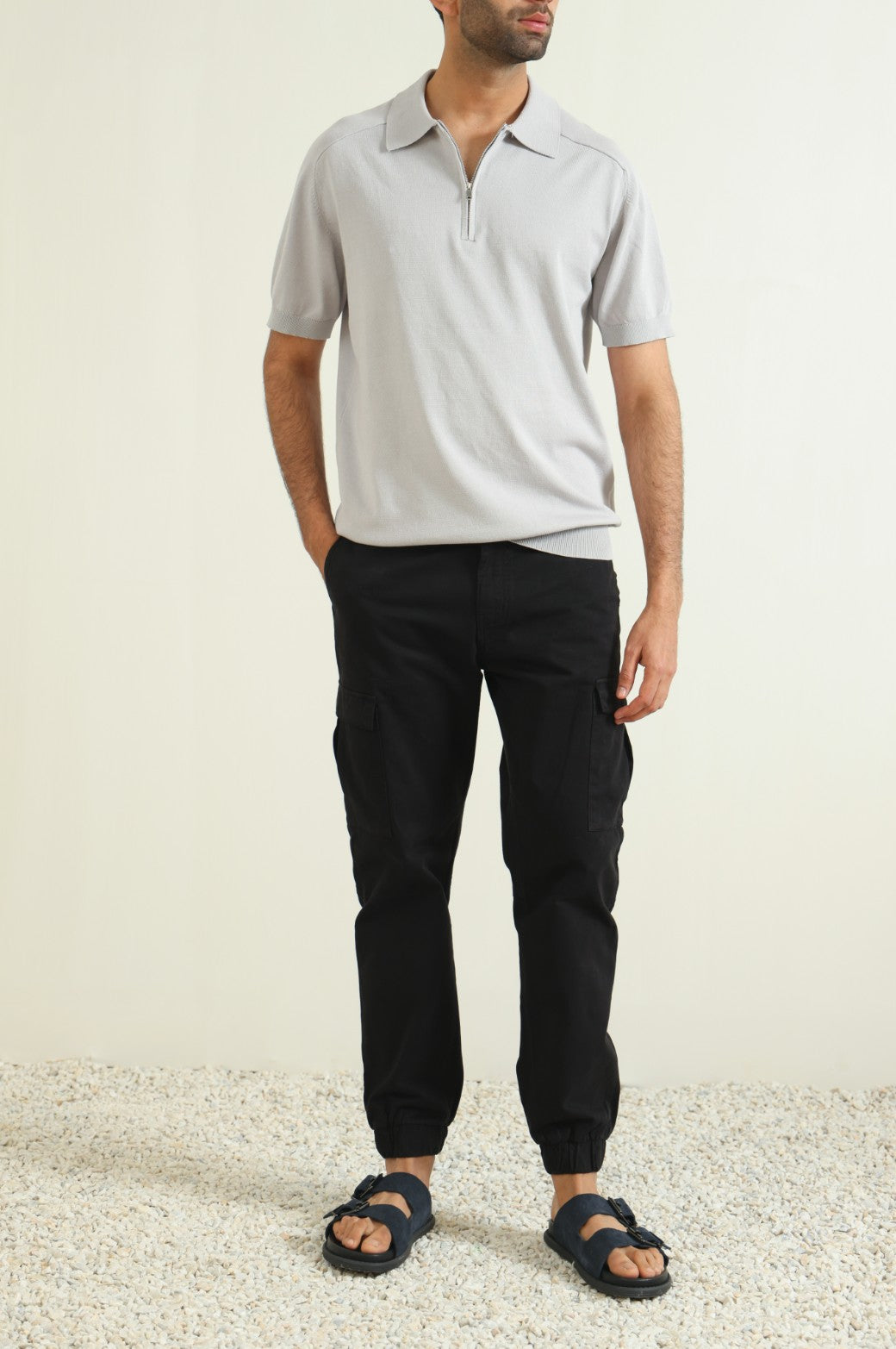 Grey Soft Relaxed Fit Collared Knit Polo Shirt with Zip