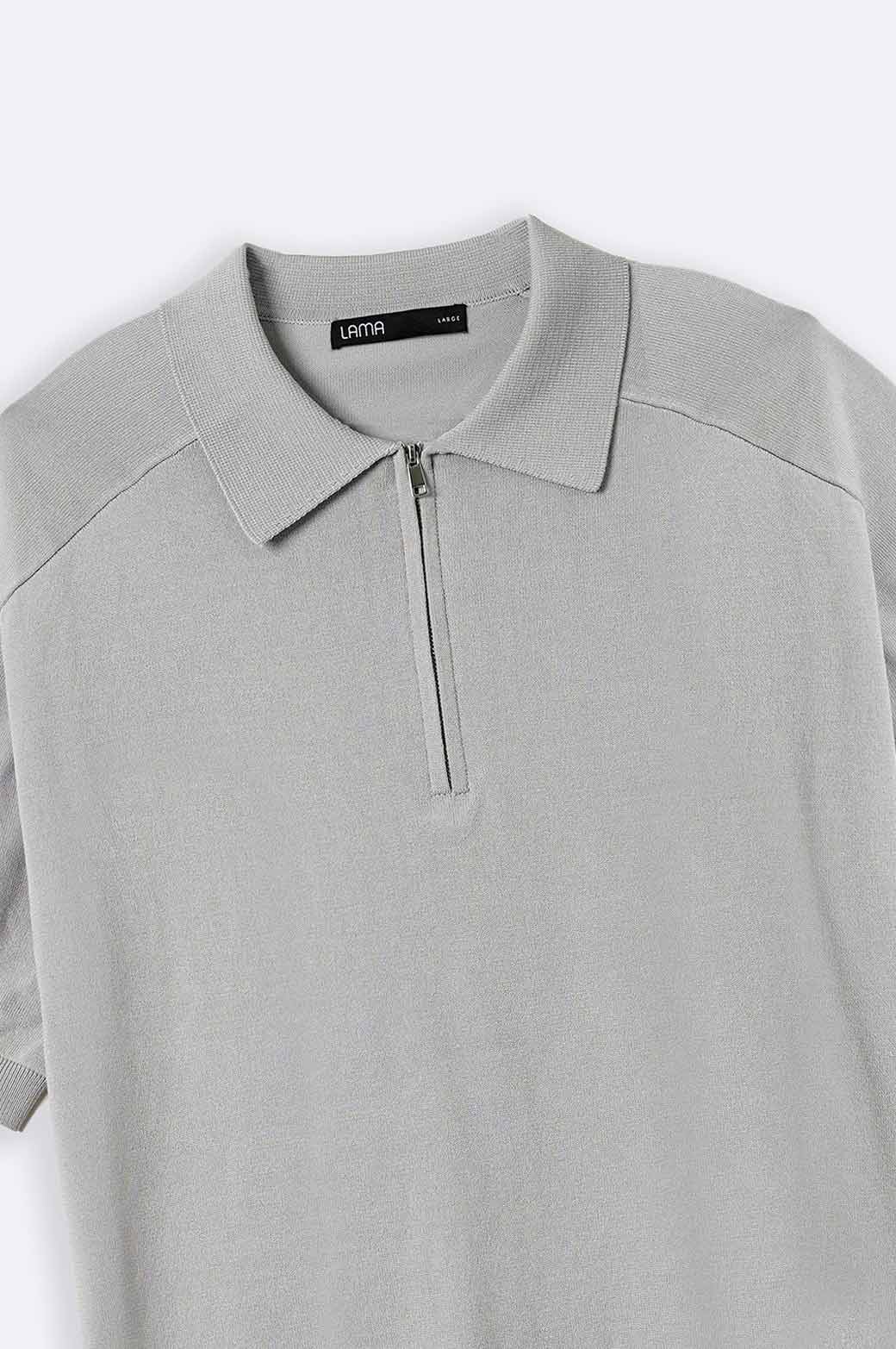 Grey Soft Relaxed Fit Collared Knit Polo Shirt with Zip