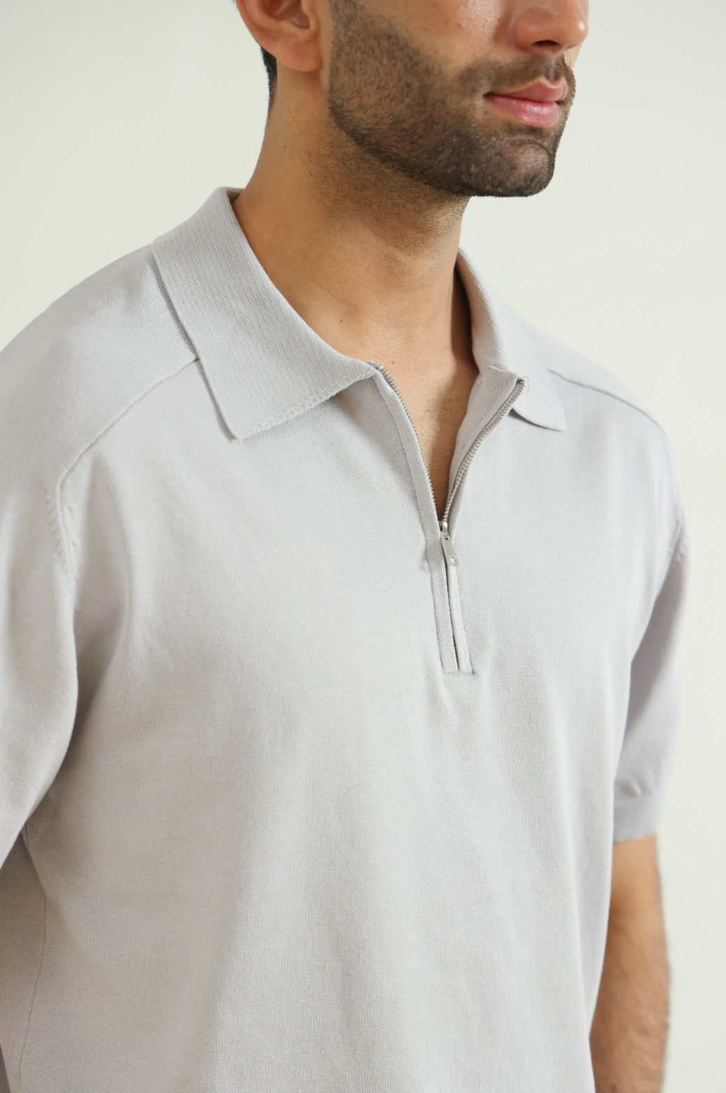 Grey Soft Relaxed Fit Collared Knit Polo Shirt with Zip