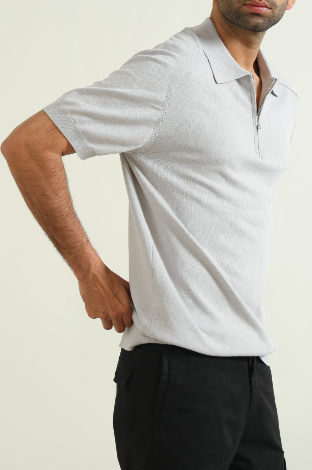 Grey Soft Relaxed Fit Collared Knit Polo Shirt with Zip