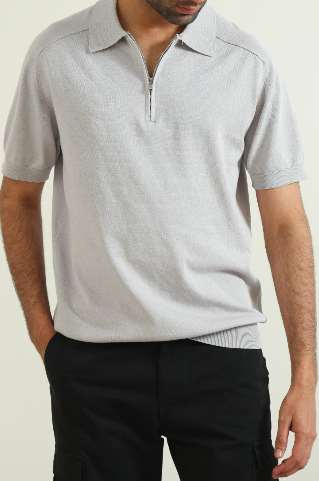 Grey Soft Relaxed Fit Collared Knit Polo Shirt with Zip