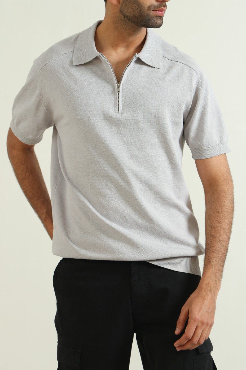 Grey Soft Relaxed Fit Collared Knit Polo Shirt with Zip