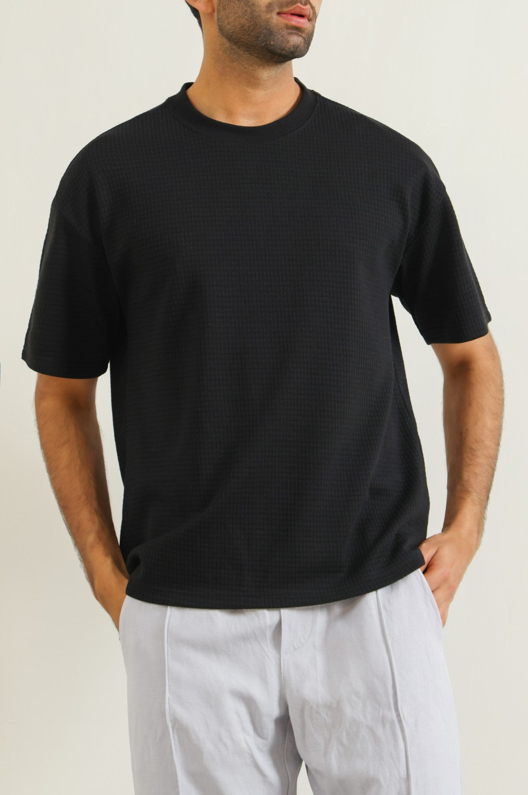 Black Relaxed Fit Soft Jacquard Crew Neck T-Shirt