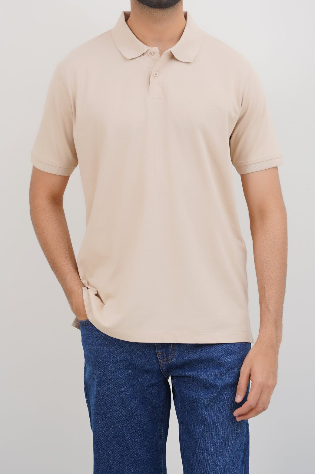Beige Soft Cotton Relaxed Fit Collared Polo Shirt