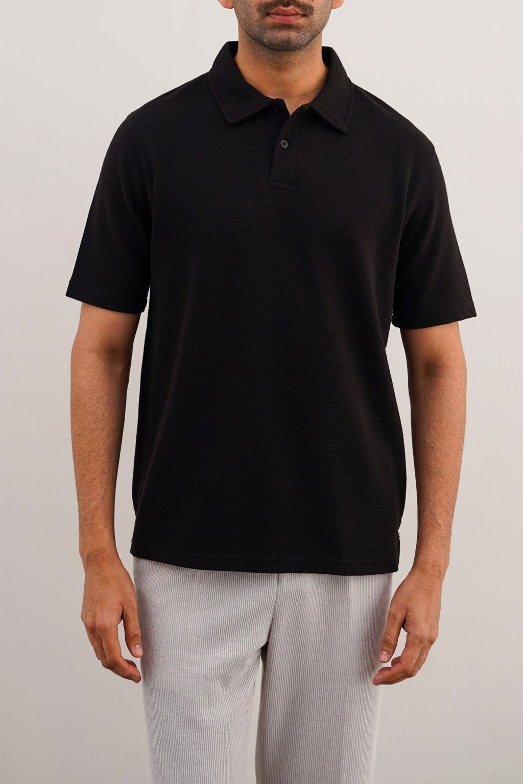 Black Soft Jacquard Collared Relaxed Fit Polo – Cool Havn