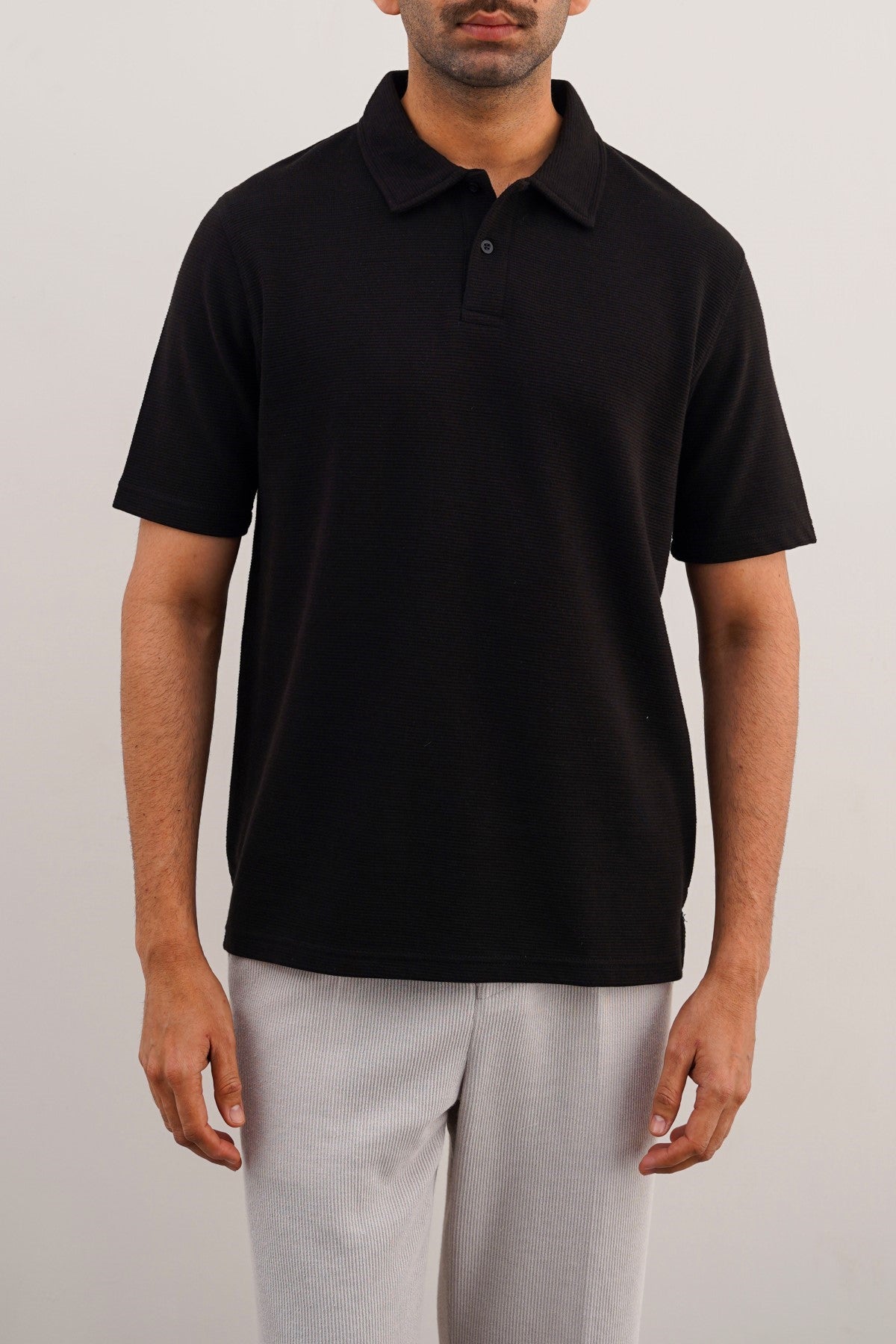 Black Soft Jacquard Collared Relaxed Fit Polo