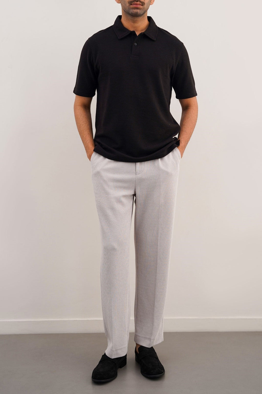 Black Soft Jacquard Collared Relaxed Fit Polo – Cool Havn