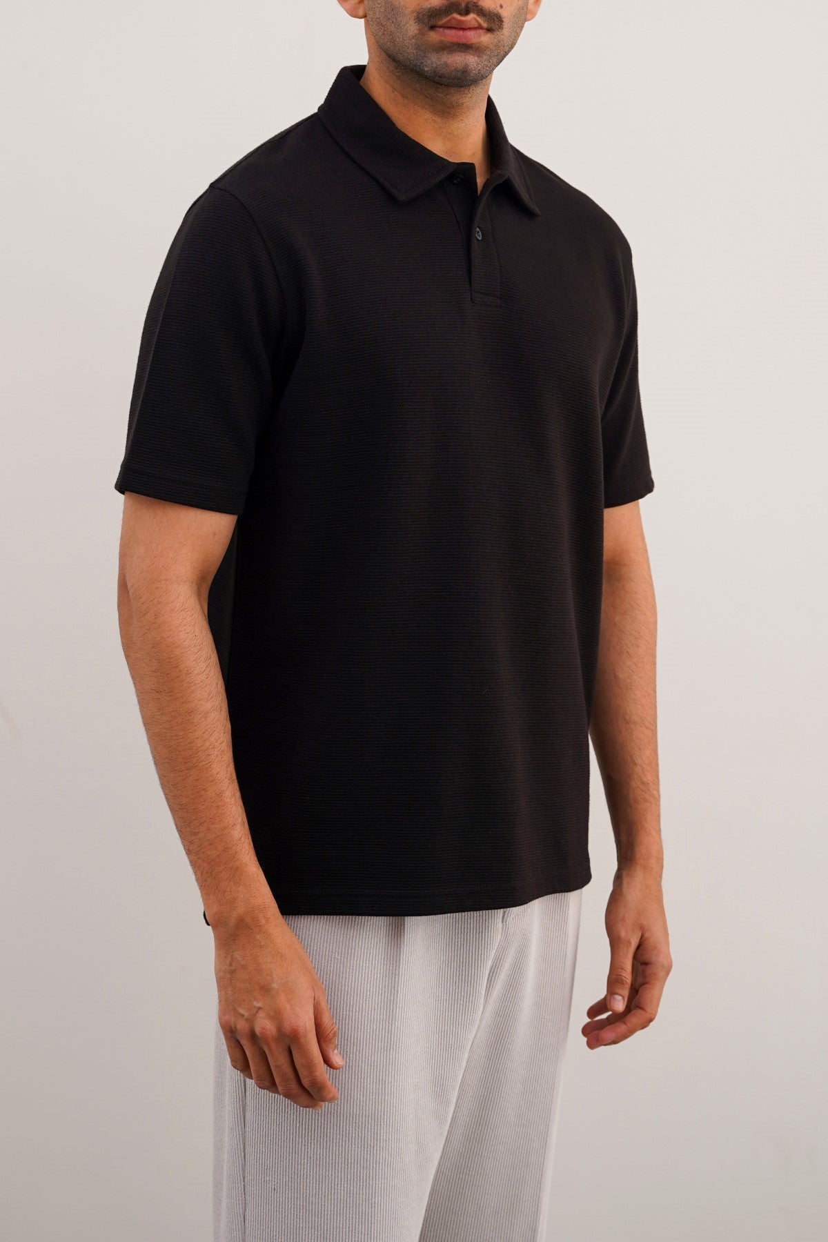 Black Soft Jacquard Collared Relaxed Fit Polo