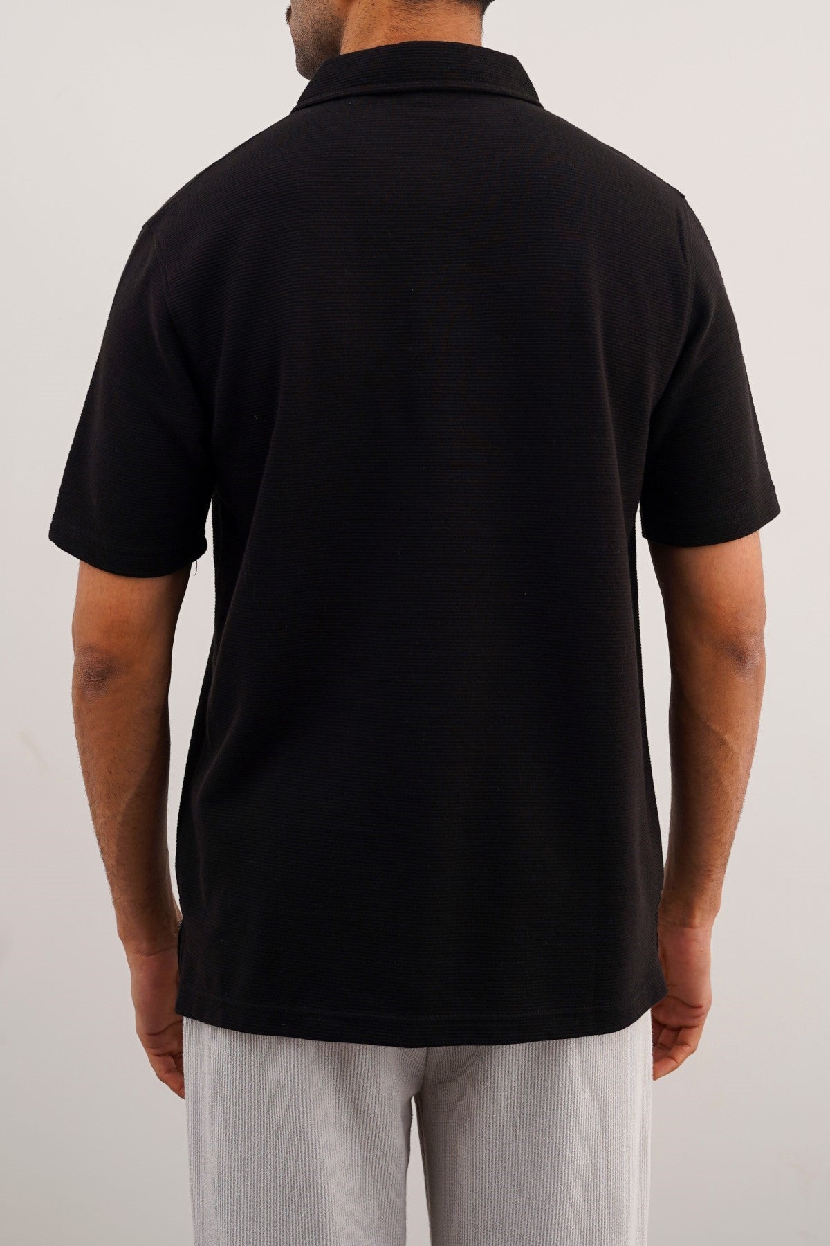 Black Soft Jacquard Collared Relaxed Fit Polo
