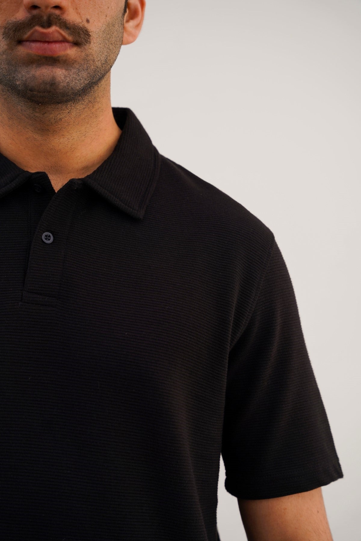 Black Soft Jacquard Collared Relaxed Fit Polo