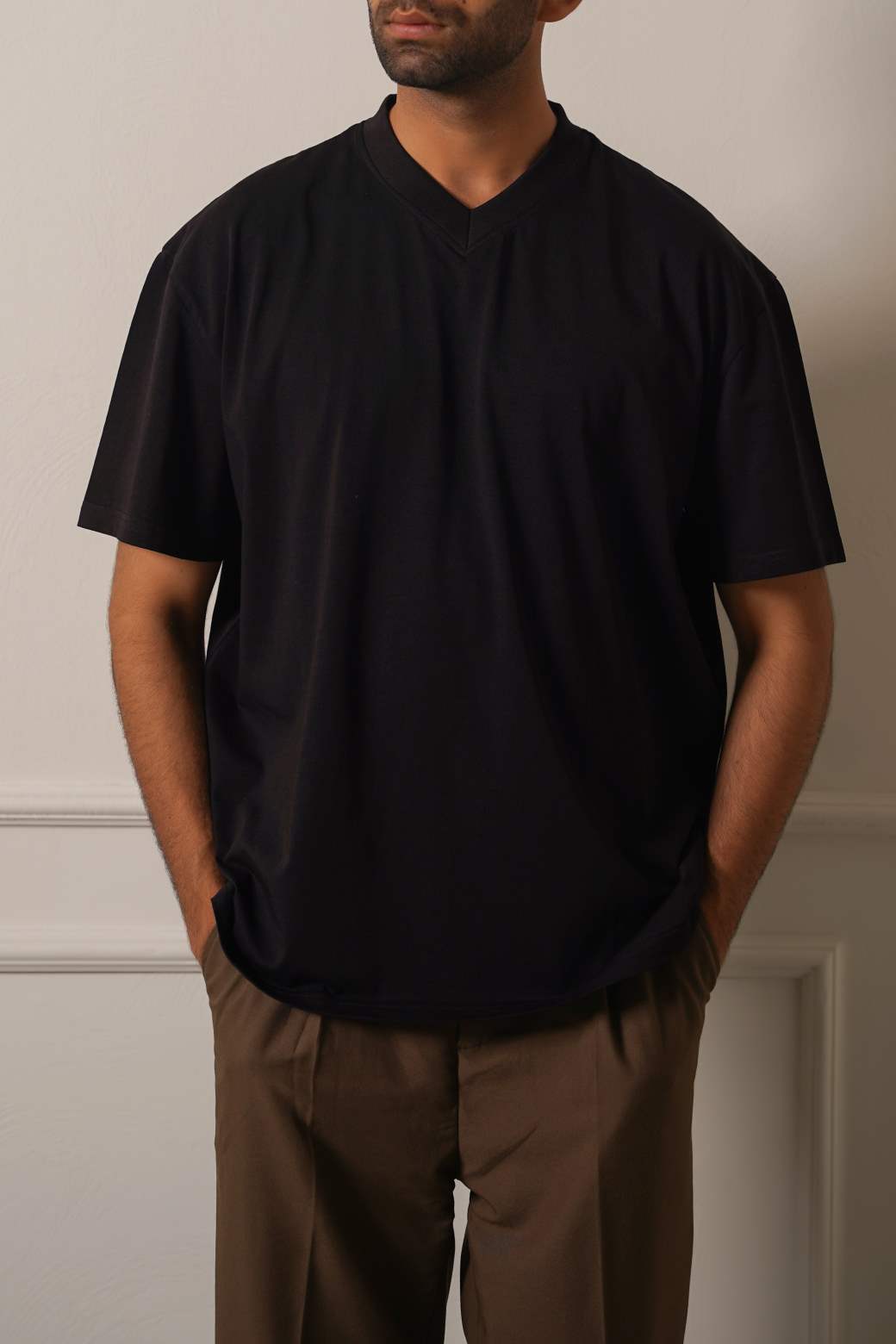 Black Soft Relaxed Fit V-Neck Cotton T-Shirt