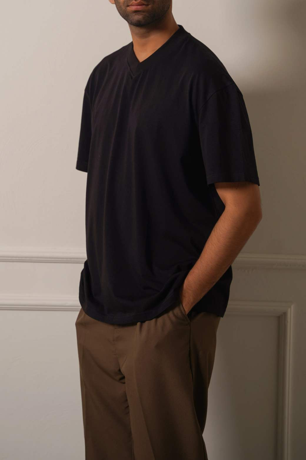 Black Soft Relaxed Fit V-Neck Cotton T-Shirt