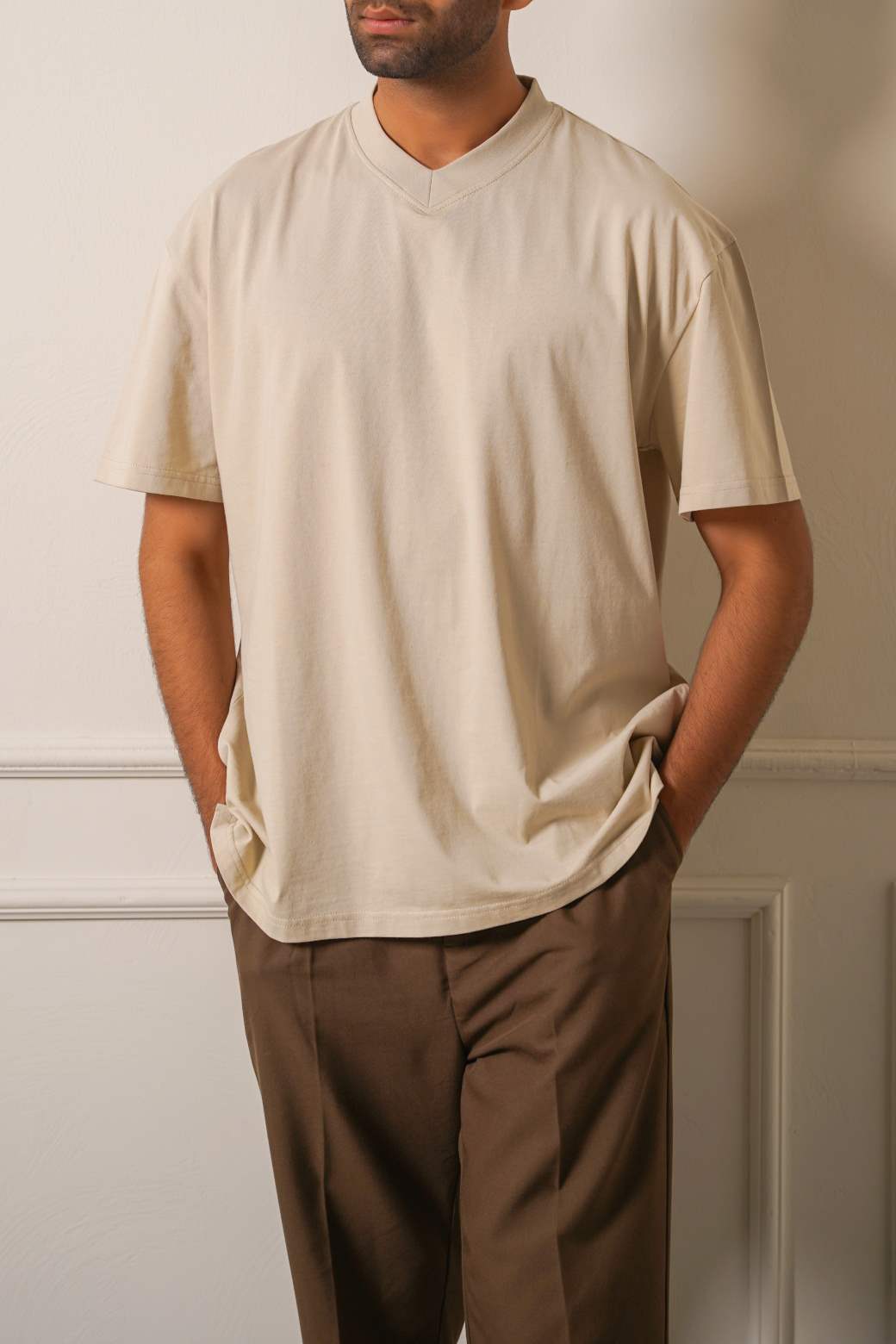 Ivory Soft Cotton Relaxed V-Neck T-Shirt