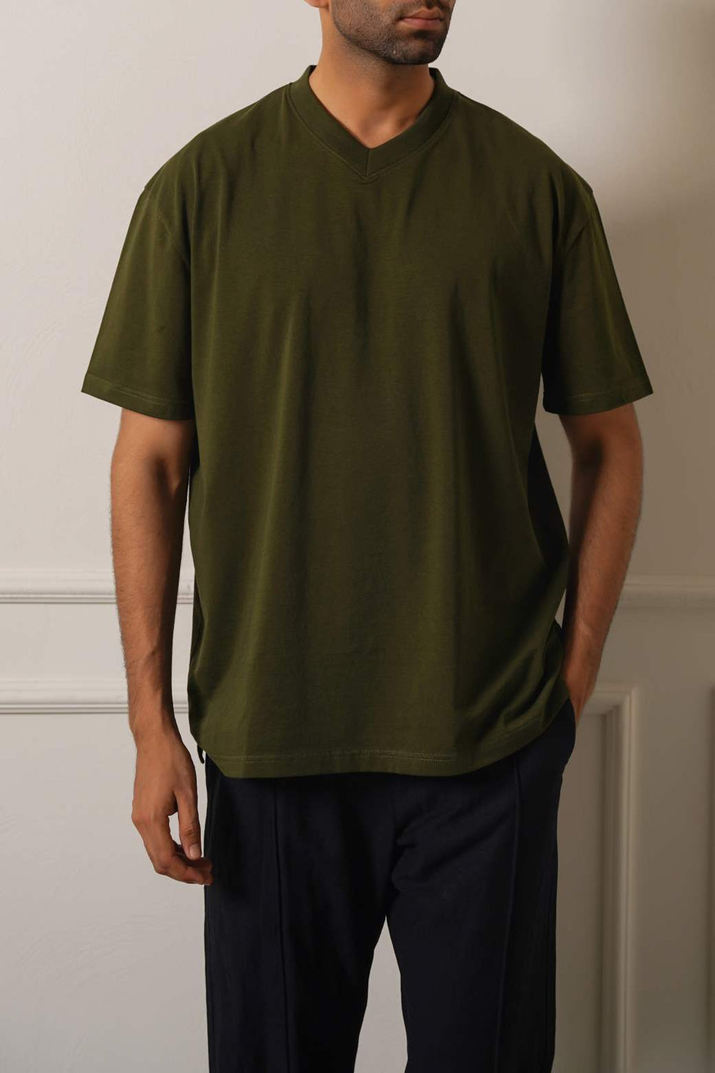 Olive Soft Cotton Relaxed V-Neck T-Shirt – Cool Havn
