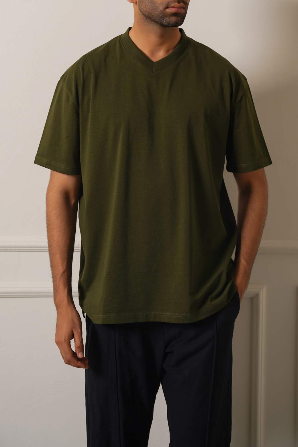 Olive Soft Cotton Relaxed V-Neck T-Shirt