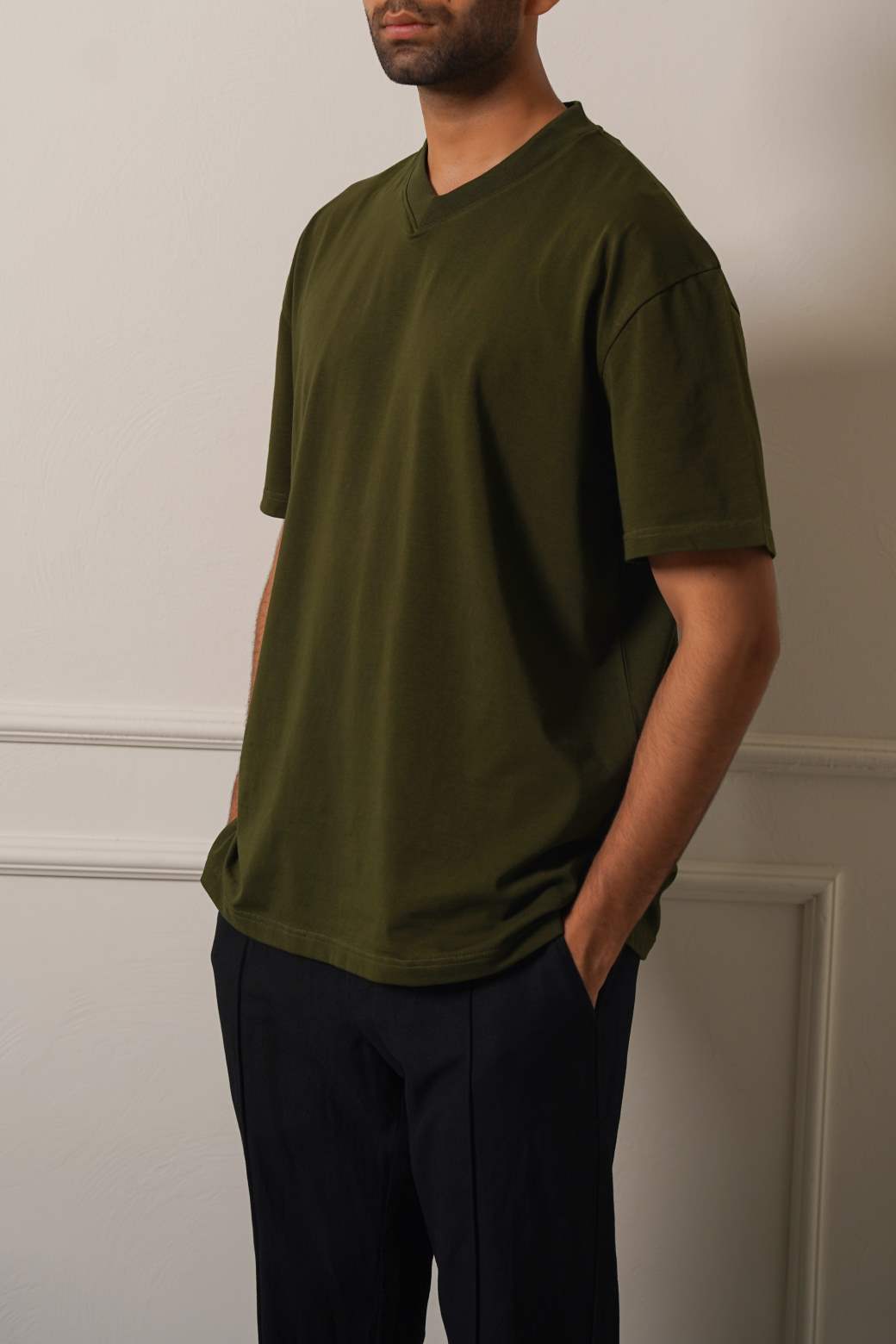 Olive Soft Cotton Relaxed V-Neck T-Shirt