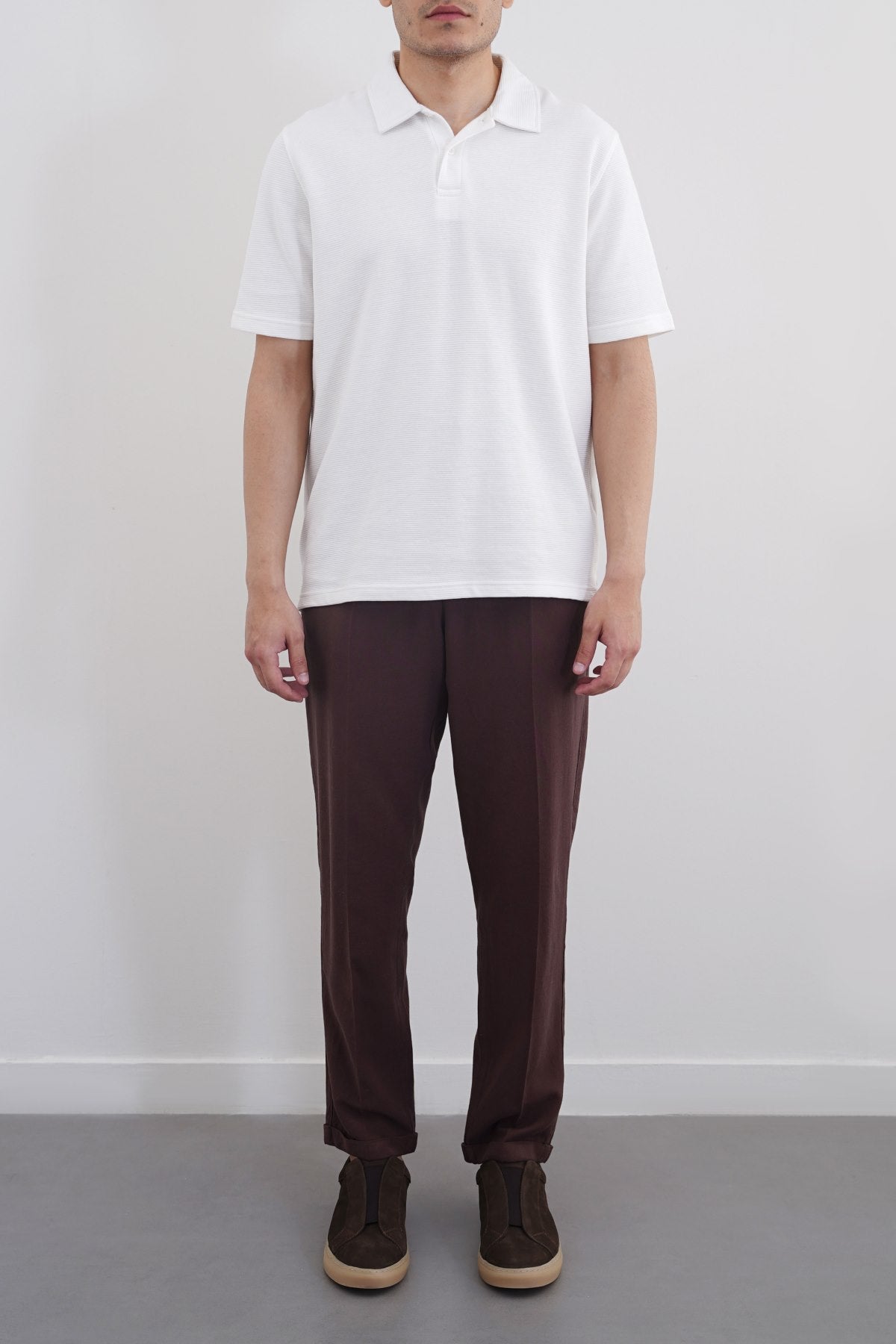 Coffee Straight Fit Turn-Up Pants with Elastic Waistband