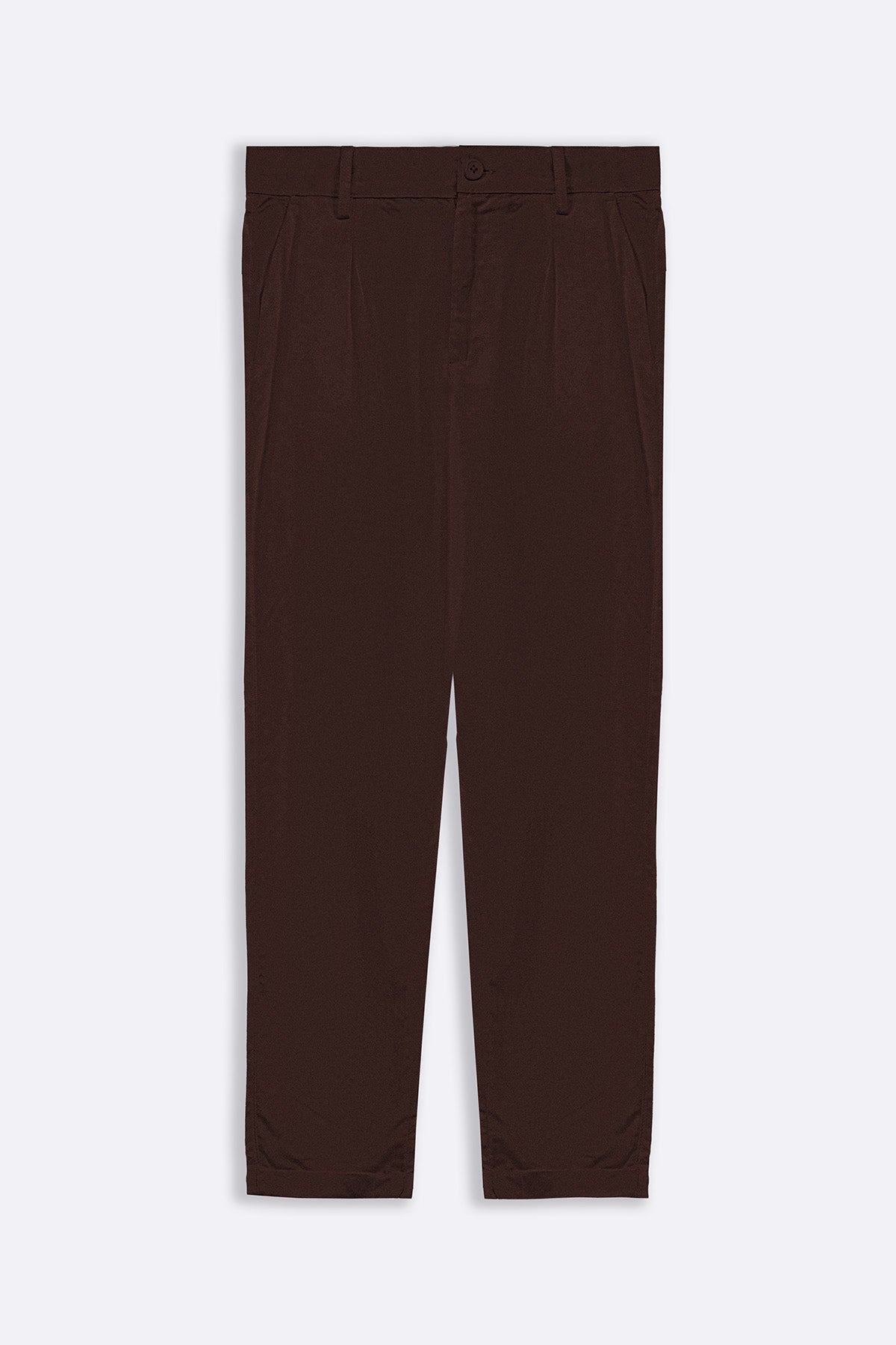 Coffee Straight Fit Turn-Up Pants with Elastic Waistband
