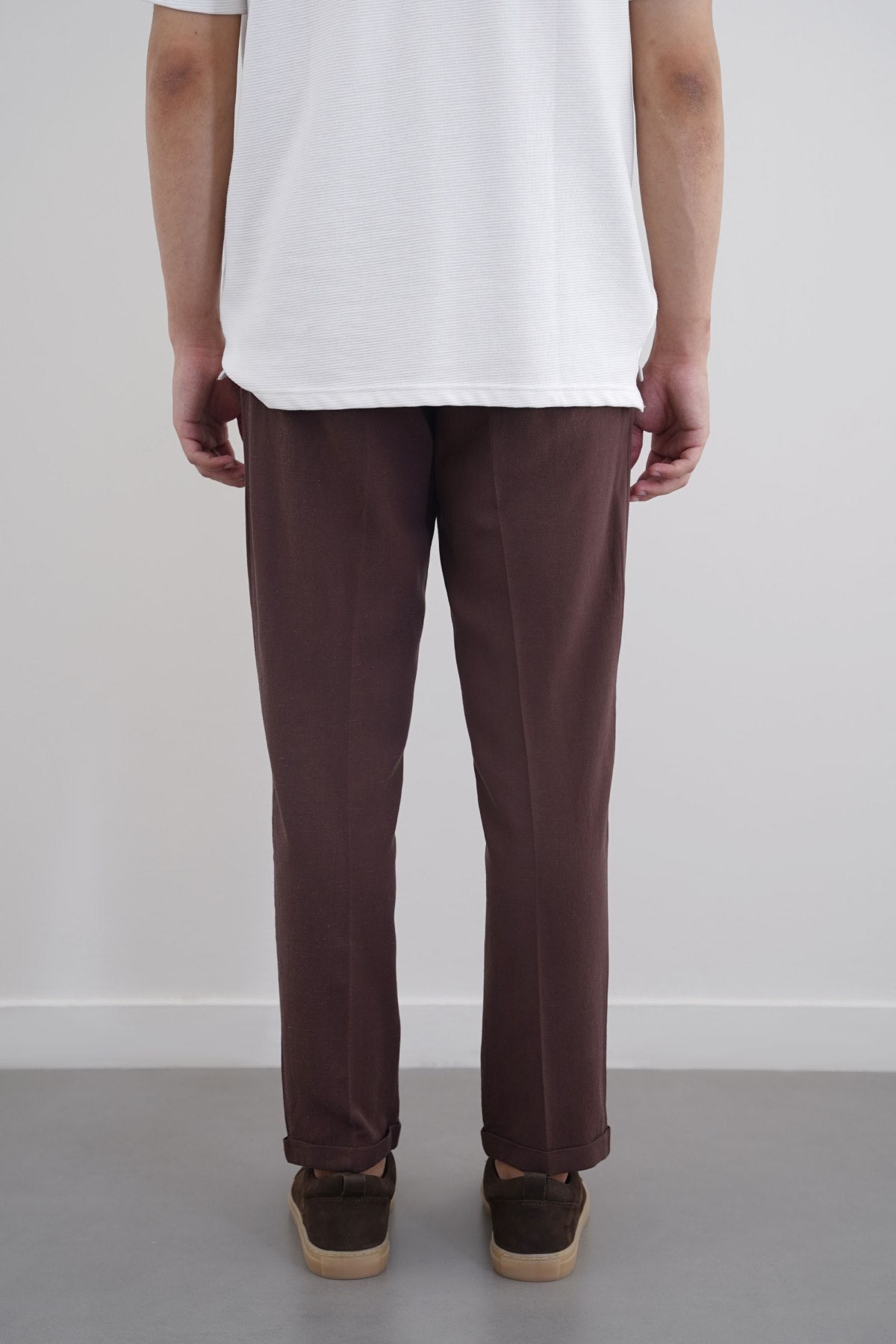 Coffee Straight Fit Turn-Up Pants with Elastic Waistband