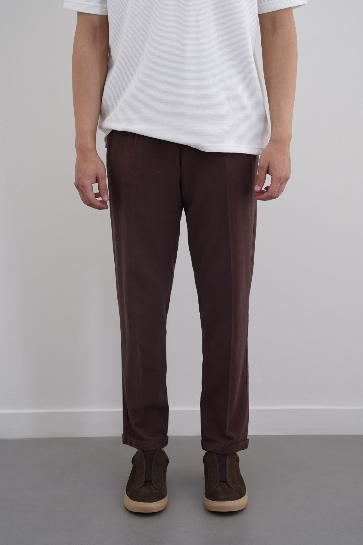 Coffee Straight Fit Turn-Up Pants with Elastic Waistband