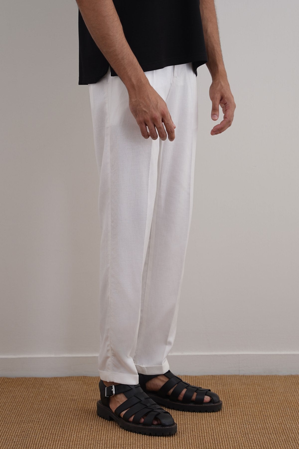 White Straight Fit Turn-Up Pants with Elastic Waistband