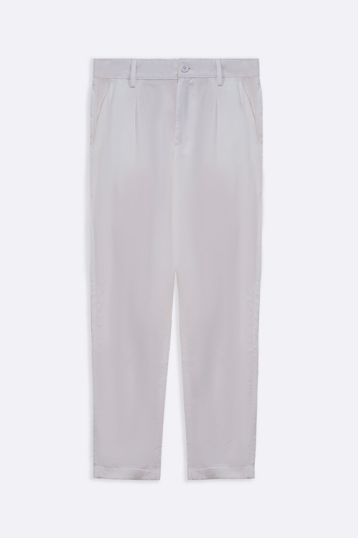 White Straight Fit Turn-Up Pants with Elastic Waistband