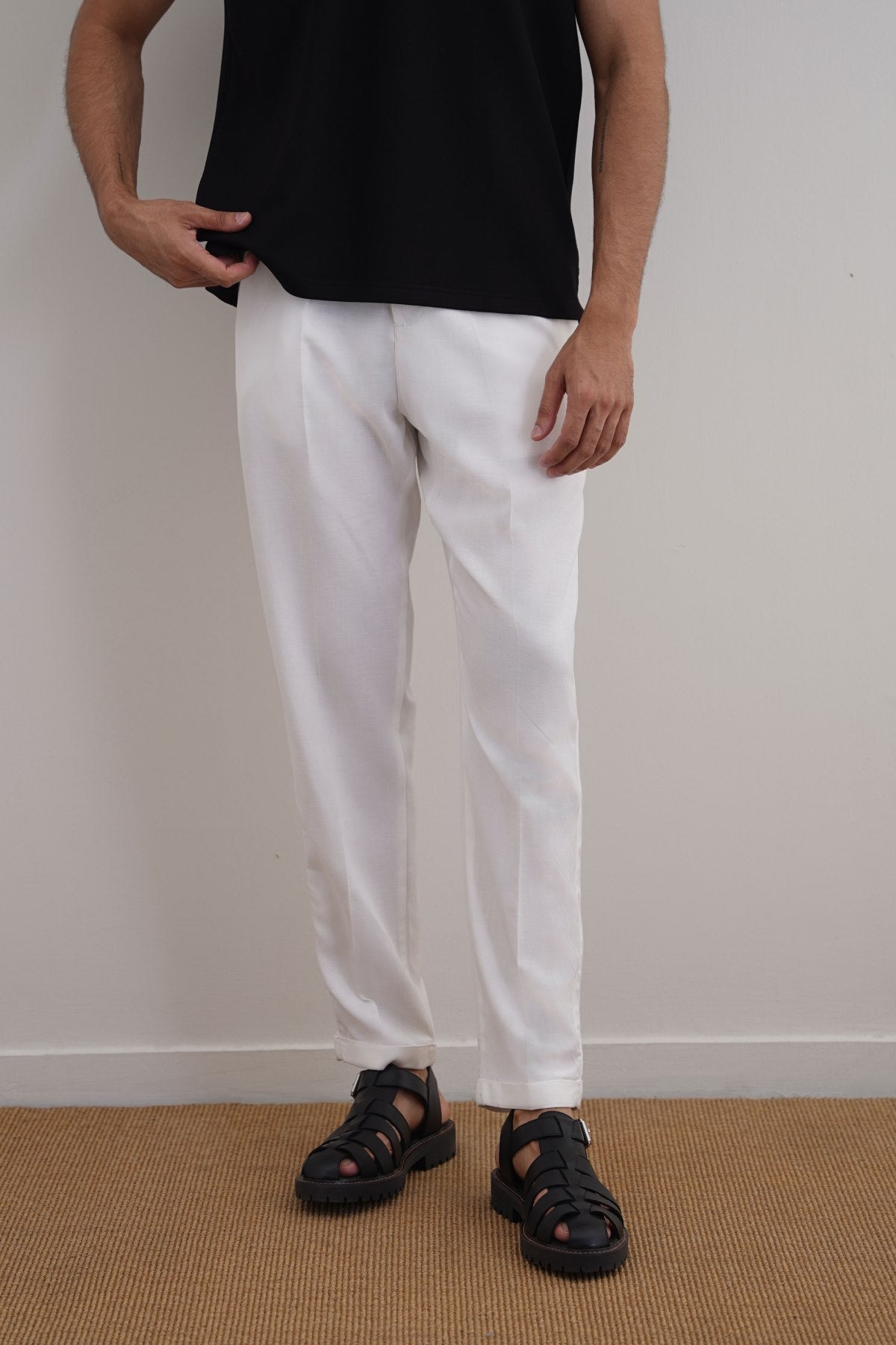 White Straight Fit Turn-Up Pants with Elastic Waistband