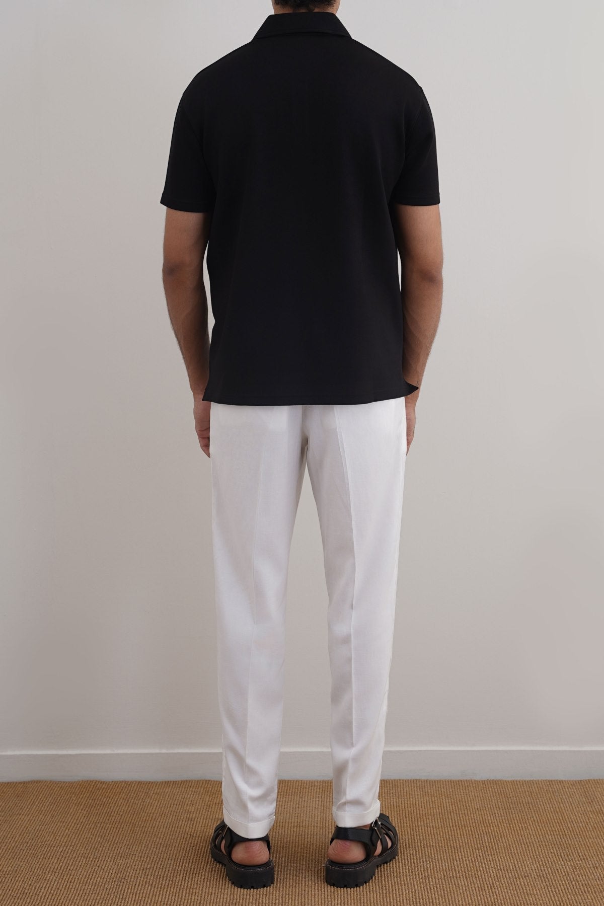 White Straight Fit Turn-Up Pants with Elastic Waistband