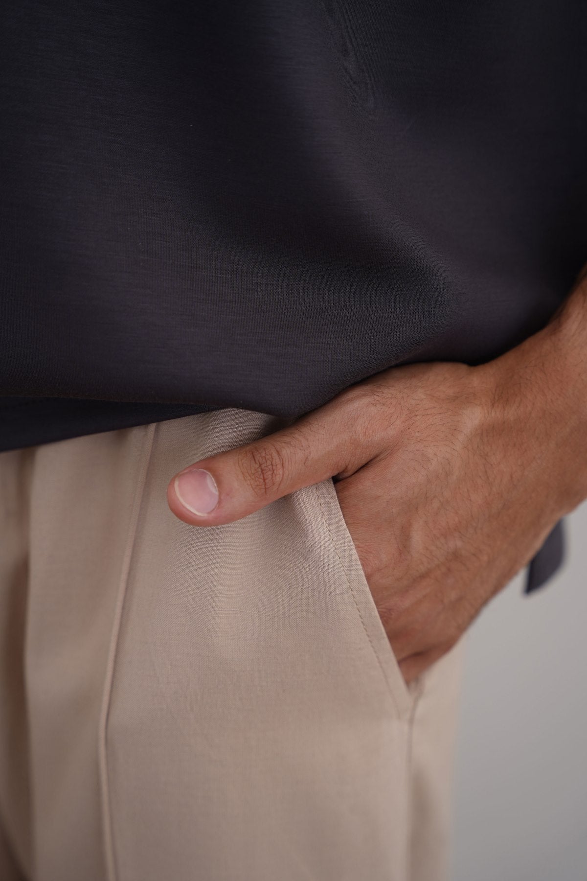 Beige Tapered Elastic Waist Pants - Regular Hand Feel