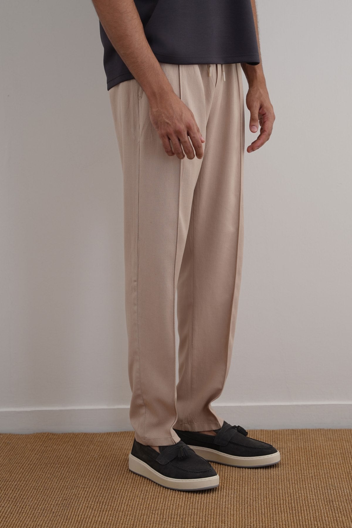 Beige Tapered Elastic Waist Pants - Regular Hand Feel