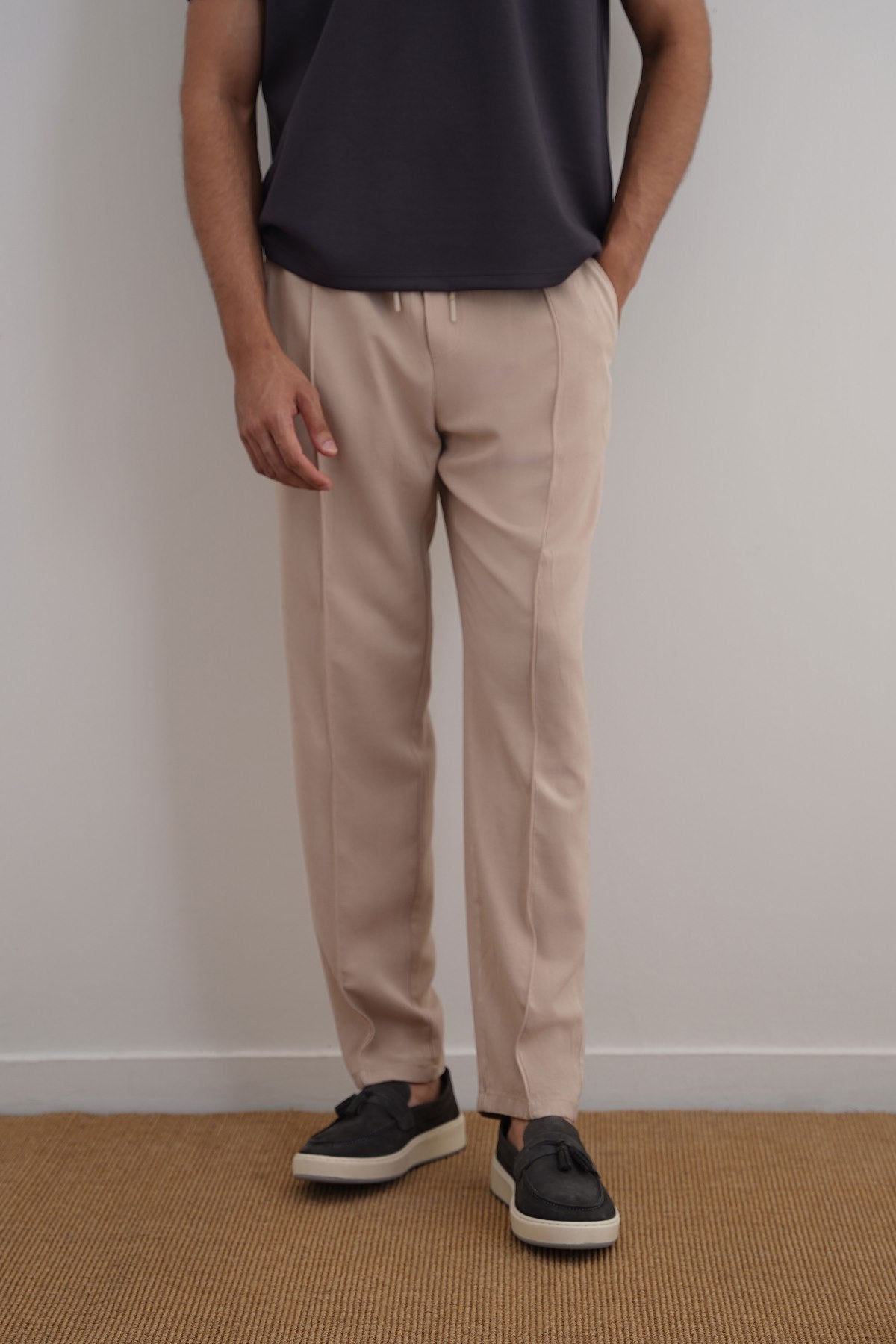 Beige Tapered Elastic Waist Pants - Regular Hand Feel