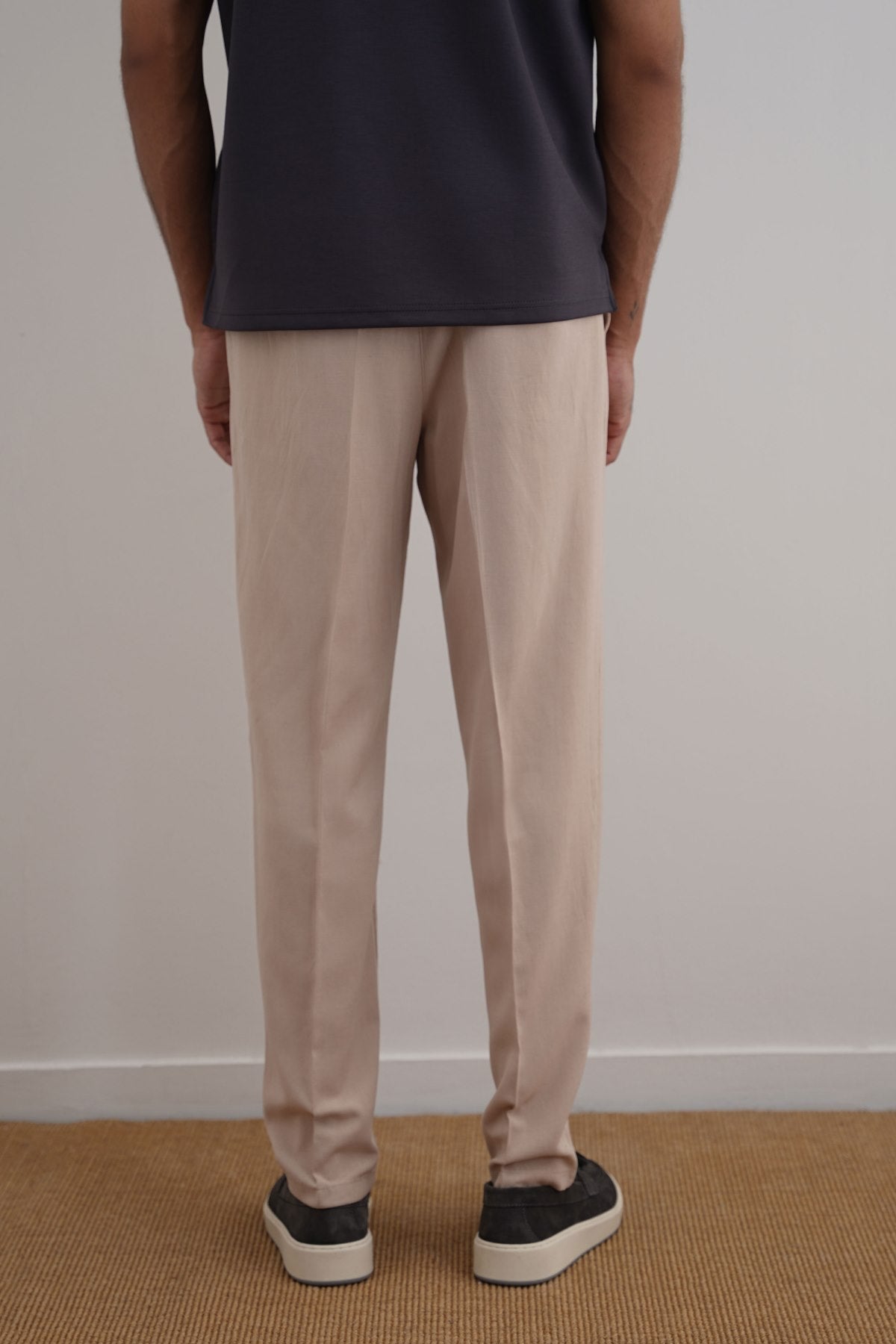 Beige Tapered Elastic Waist Pants - Regular Hand Feel