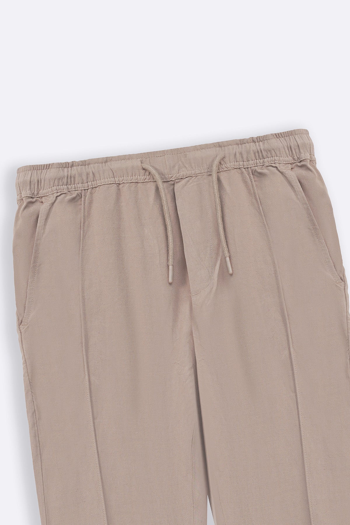 Beige Tapered Elastic Waist Pants - Regular Hand Feel