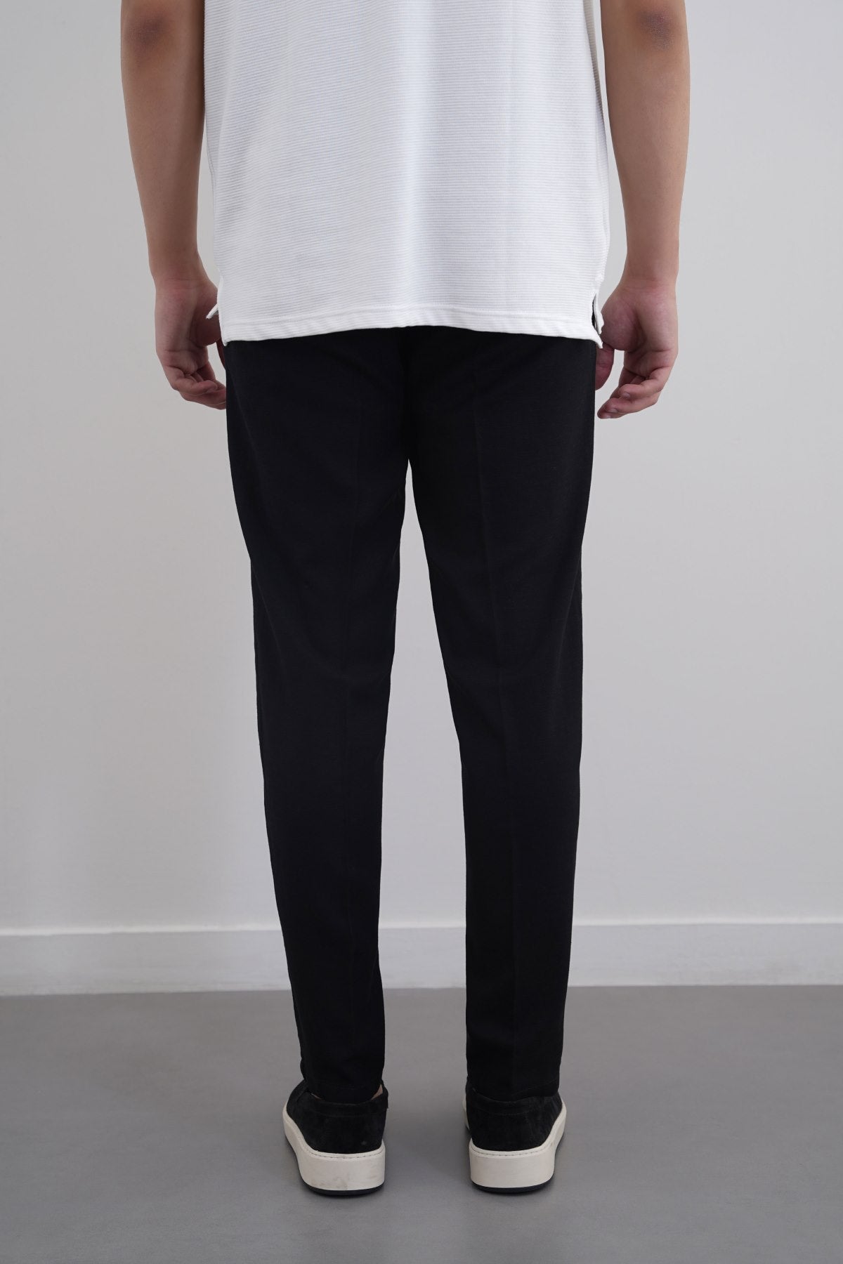 Black Tapered Elastic Waist Pants - Regular Hand Feel